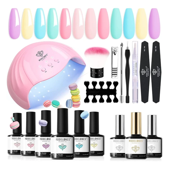 Modelones Kit Unghie Semipermanente con Lampada LED 48W - 6 Colori - Base e Top 