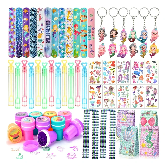 Ensemble cadeau anniversaire sirène - Boikoky 84 pièces - Sac sirène, collier, bracelets, bulle, tatouage, timbre - Décorations anniversaire thème sirène