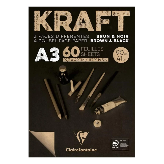 Bloc Encolado Clairefontaine 975819C - Papel Kraft Bicolor - 60 Hojas - A3 297 x 42 cm - 90 g - Doble Cara