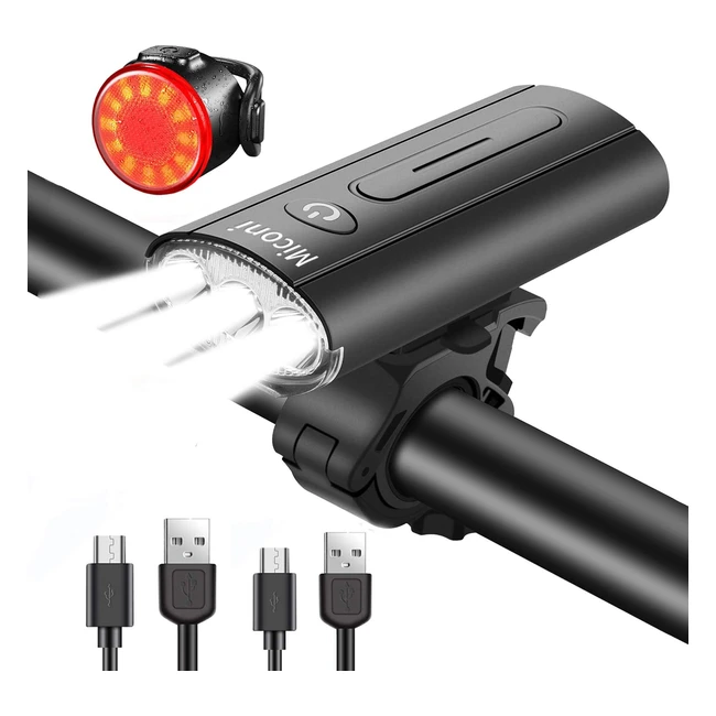 Miconi Bike Light Set - 2400 Lumens, USB Rechargeable, 6 Modes, Waterproof, Easy Mount