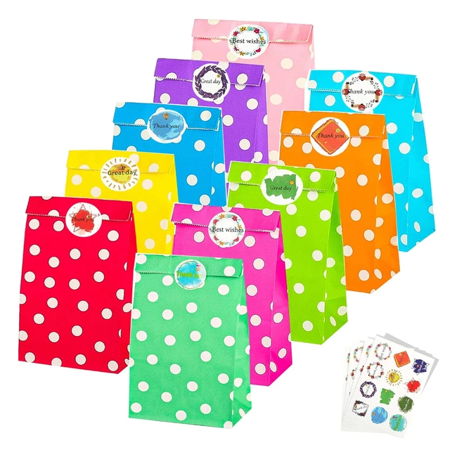 50 pcs Tooelmon Dots Kraft Paper Party Bags - Candy Goodie Treat Bags with Stickers