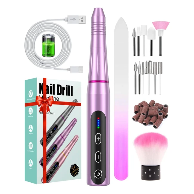 Cordless Electric Nail Drill - Professional Acrylic Nails File - Rechargeable - 20000 RPM - 5 Adjustable Speed - Portable Manicure Pedicure Kit