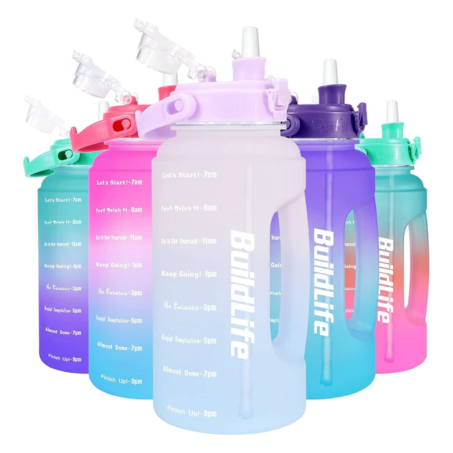Buildlife 22L Water Bottle - Removable Straw - Motivational Time Markings - BPA Free - Leakproof - Reusable - Large Sports Drinks - Half Gallon Water Jug for Gym Travel School - Light Pink Blue