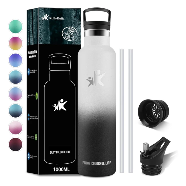 Botella de agua Kollykolla 1 litro acero inoxidable - Termo a prueba de fugas, sin BPA