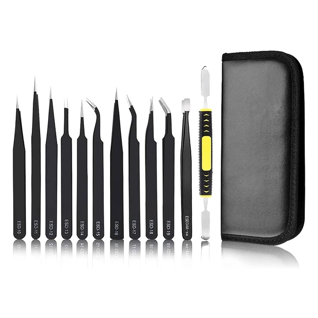 Pinzas de Precisión 12pcs Antiestáticas Acero Inoxidable - Herramientas de Trabajo Electrónico