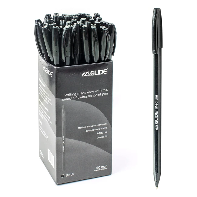 Eziglide Ballpoint Black Pens - Pack of 50 - Smooth Writing - Medium Point 1.0mm - Ideal for School, Work, Office