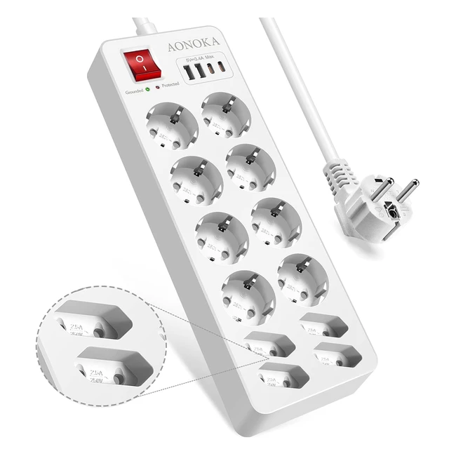 Multipresa Ciabatta Elettrica USB 12 Presa - Protezione Sovratensione - Ricarica Rapida - 15m Cavo - Bianco