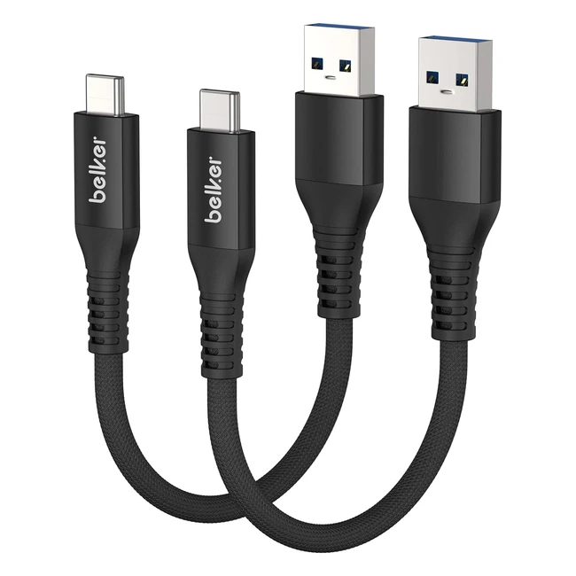 Belker USB C Cable Short 20cm/0.2m 2-Pack - Fast Data Transfer, QC 3.0, Fast Charger - Samsung, Galaxy, Pixel, OnePlus - Black