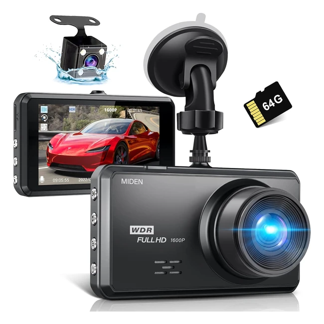 Dashcam Voiture Miden 25K Avant Arrière SD 64G - Caméra Embarquée Voiture 1600P/1080P FHD - Capteur Vision Nocturne - Mode Parking - Enregistrement en Boucle