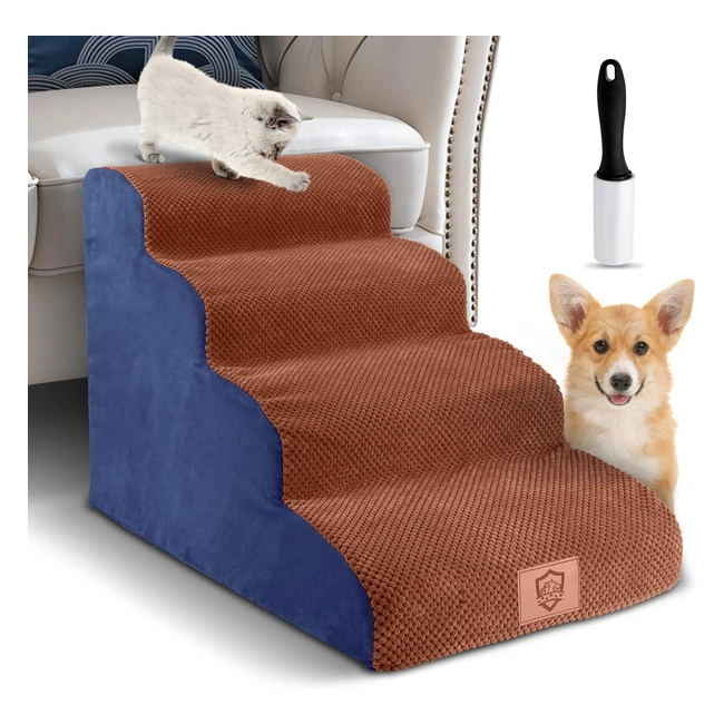 myiosus Dog Stairs Steps for Bed 4Steps Pet Foam Ladder with Washable Cover Non-