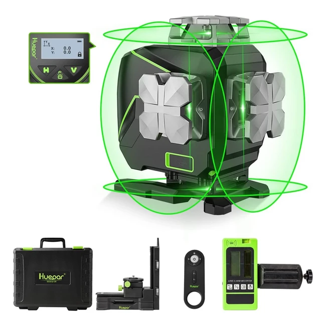 Huepar Bluetooth 4x360 Laser Level Set - LCD Green Laser Level - 16 Lines - Self-leveling - Triple Power Supply