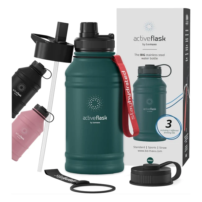 bemaxx active flask Edelstahl Trinkflasche 3 Deckel 13l Sportflasche BPA-frei