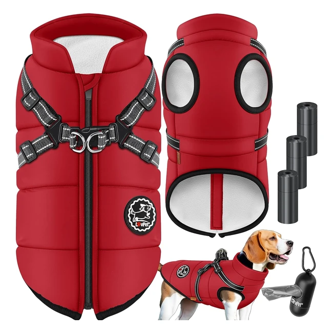 Lovpet Hundejacke Hundemantel mit Geschirr inkl. 45 Stck. Kotbeutel-Spender, winterweste wasserdicht, reflektoren, bordeaux rot