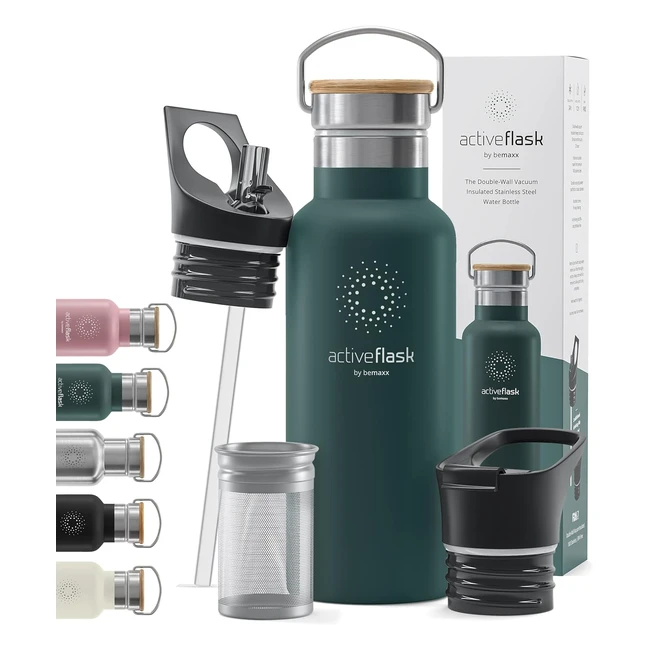 Edelstahl Trinkflasche mit Strohhalm Infuser, 3 Deckel, BPA-frei, auslaufsicher, kohlensäuregeeignet
