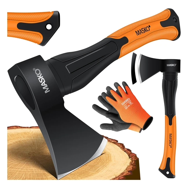 Masko Spaltaxt Spalthammer Spaltkeil Fiberglasgriff Handschuhe - Garten und Wald Werkzeug - robust, langlebig, rostfrei - 800 g - orange