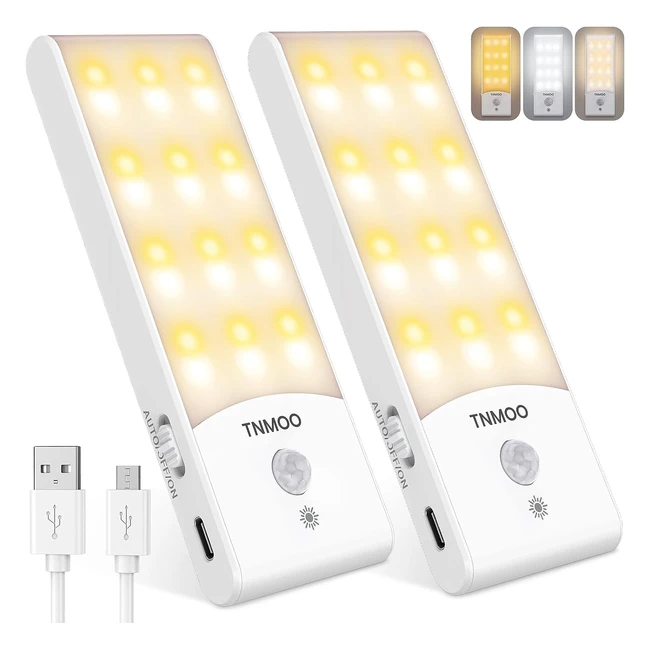 Motion Sensor Lights Indoor 2 Pack - Rechargeable 24LED Night Light - 3 Modes - Warm White - Dimmable - Wardrobe Lights