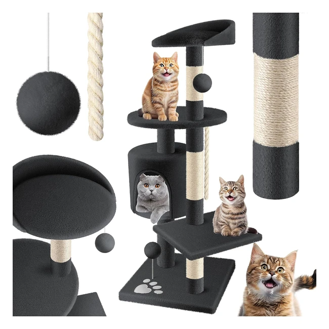 Kesser Kratzbaum Katzenbaum Kletterbaum, stabil, mit Höhle, Spielbälle, Spielseil, 112cm, grau