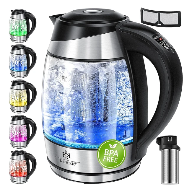 Kesser 18L Edelstahl Glas Wasserkocher mit Tee-Einsatz und Kalkfilter, LED-Beleuchtung, Farbwechsel je nach Temperaturauswahl 60-100°C, Warmhaltefunktion