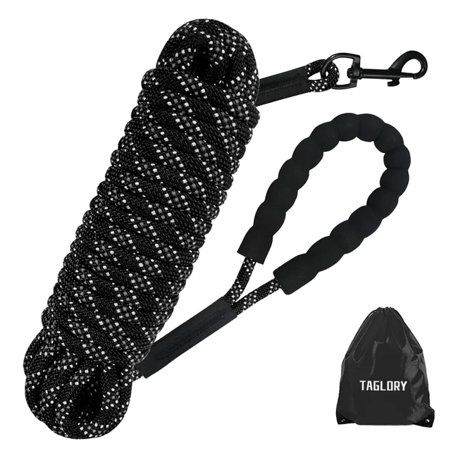 Taglory Training Lead for Dogs - Reflective 20m Long Rope Lead with Padded Handle - Black