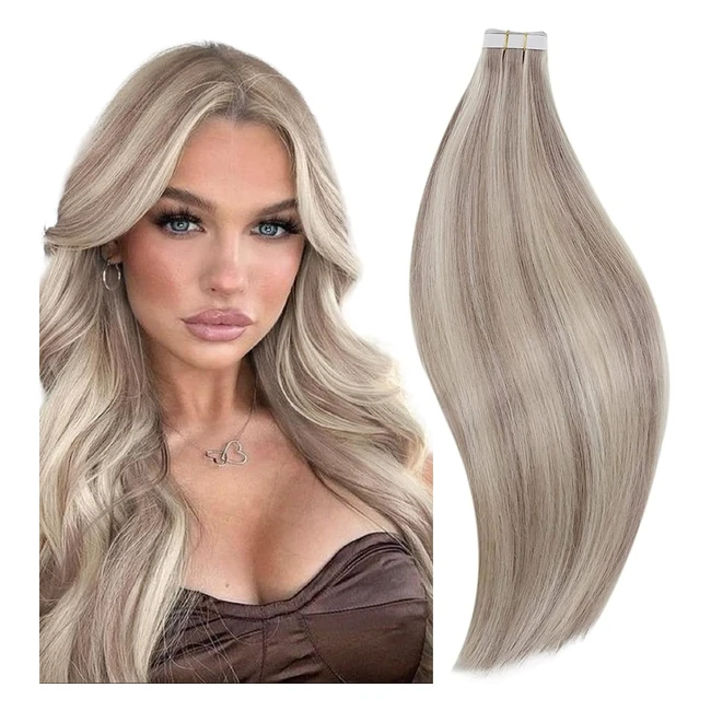 Runature Tape Hair Extensions - Blonde Highlight Grey Blonde - Remy Human Hair - Straight 18 inch