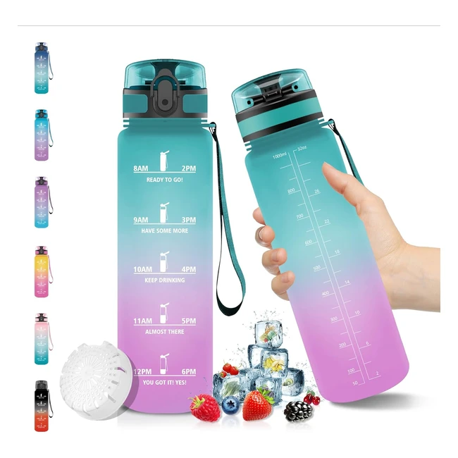 Grsta Sports Water Bottle 500ml/1L/1.5L - BPA Free Tritan Plastic - Time Marker - Filter - Flip Lid - Green/Purple