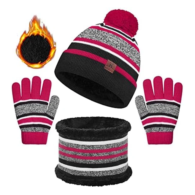 Yuson Girl Kids Winter Hat Set - Warm Knitted Beanie, Scarf, and Gloves