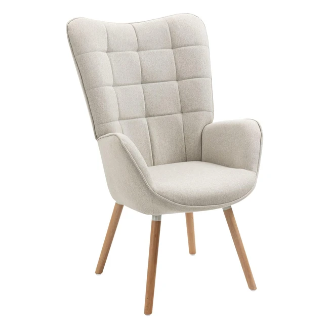 Butaca nórdica acolchada con reposabrazos y patas de madera - Tela beige