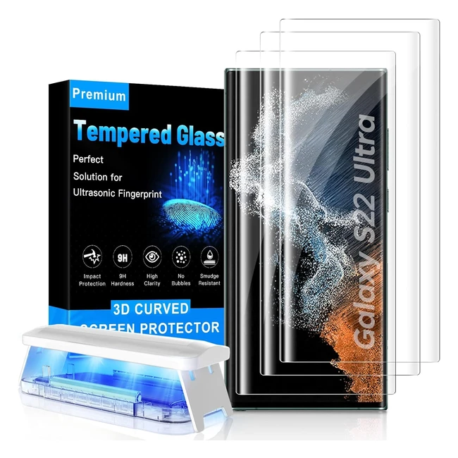Mowei 3Pack Galaxy S22 Ultra Screen Protector - Fingerprint Support, S Pen Compatible, 3D Curved Tempered Glass - Scratch & Impact Protection