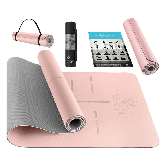 Kesser Gymnastikmatte mit Tragegurt, rutschfeste TPE Yogamatte, gepolsterte Fitnessmatte, 183 x 61 cm, extra dick