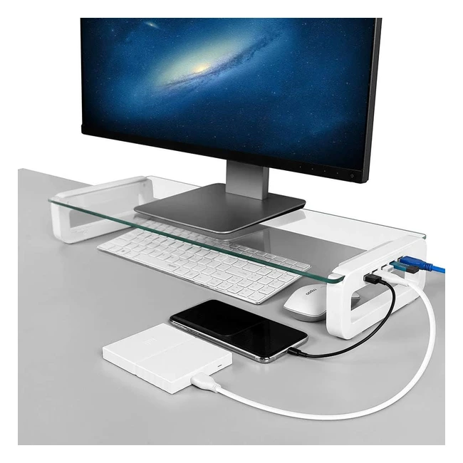 Monitor Stand Riser USB 3.0 Hub Tempered Glass Quick Charge 5Gbps