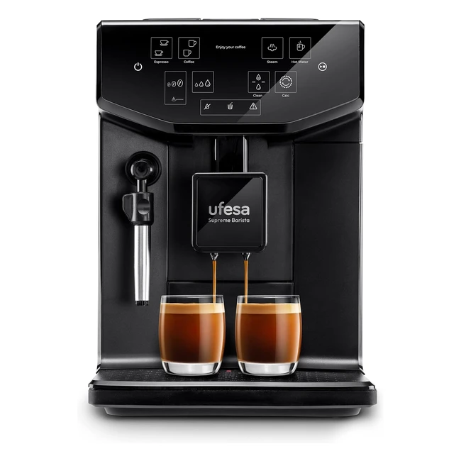 Ufesa Barista Kaffeemaschine mit Mahlwerk, vollautomatische Kaffeemaschine mit Milchaufschäumer, 20 bar für Espresso und Cappuccino, Touchscreen-Panel, einfache Reinigung, 2l Wassertank