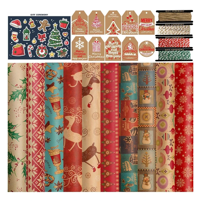 Set carta da regalo natalizio con 10 fogli, 10 etichette, 4 rotoli di corde - FullJoyHut