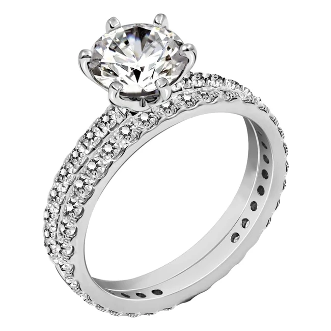 Platinum-Plated Sterling Silver Round Ring Set with Cubic Zirconia - 1 Carat Center Stone - Size 6