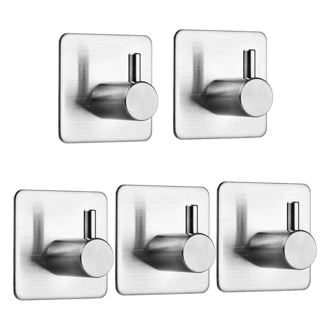 Auxmir Self Adhesive Hooks 5 Pack - Heavy Duty Stainless Steel Wall Hooks for Bathroom - Waterproof - No Drill Needed