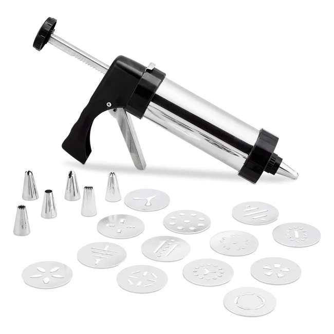 Kit de pâtisserie Relaxdays avec seringue, douilles et pochoirs - HXLXP 15x26x55 cm - Argent