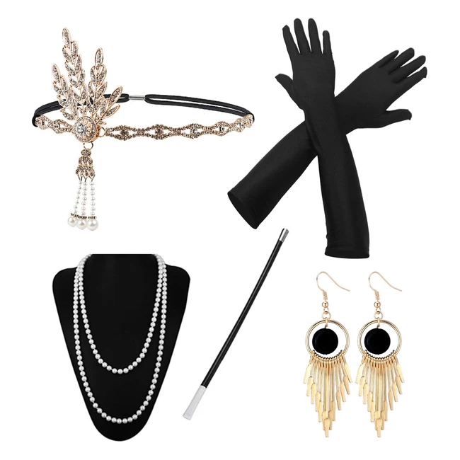 Accessoires Années 1920 - Ensemble Gatsby Costume - Bandeau Flapper, Collier, Gants - Halloween