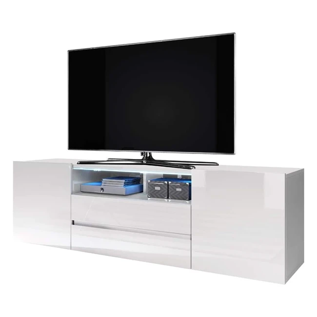 Meuble TV Banc 140 cm Blanc MatBlanc Brillant avec LED - Bros