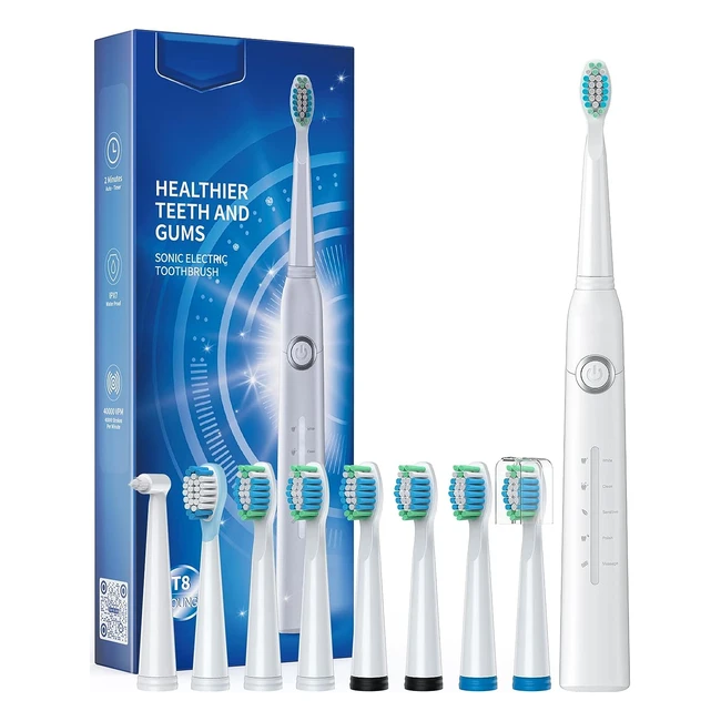 Electric Toothbrush Sonic Toothbrushes - 8 Brush Heads - 40000 VPM - 5 Modes - Fast Charge - Lasts 30 Days - Rechargeable - White
