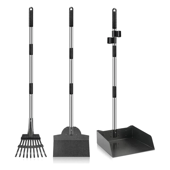 3 Pack Metal Pet Poop Scoop Tray and Rake - Adjustable Long Handle - No Bending 