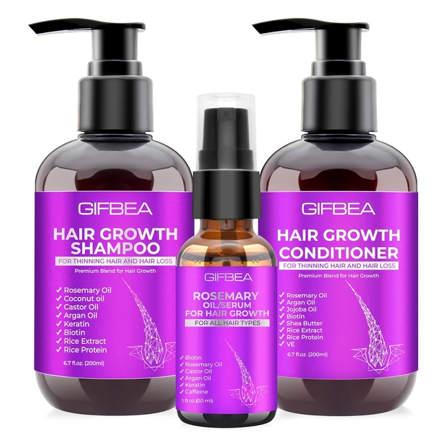 Gifbea Hair Growth Shampoo & Conditioner Set | Rosemary Oil Serum | Biotin | Argan Oil | Castor Oil | Rice Water | Hair Loss | Hair Thickening