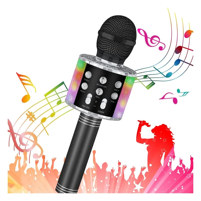 Micrófono Karaoke Bluetooth5 en 1 Portátil USB Inalámbrico con Luces LED - Negro