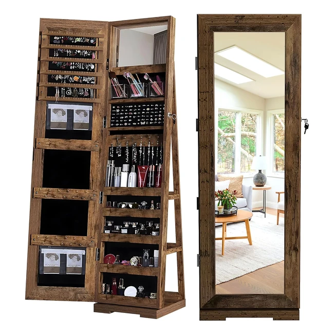 Espejo Joyero de Pie Sogesfurniture - Organizador de Joyas con Cerradura - 3 Estantes de Almacenamiento - Marrón Rústico