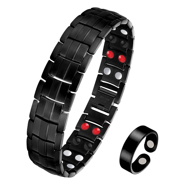 Jeracol Men Magnetic Bracelet and Copper Magnetic Ring - Ultra Strength Titanium Steel Brazaletes - Adjustable Size - Gift Box