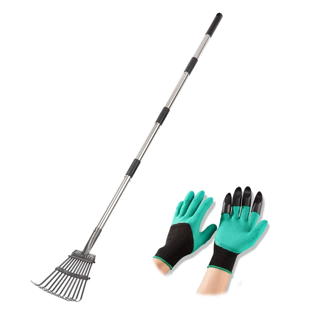 Rastrello Scopa per Foglie in Acciaio Inossidabile con Guanti da Lavoro Antiscivolo - Yangbaga