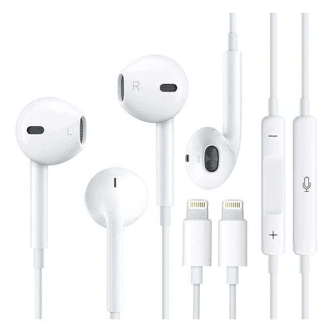 2 Pack Wired In-Ear Earbud Headphones with Lightning Connector - MFi Certified - Volume Control - Noise Canceling - for iPhone 14/13/12/11/XR/8/7
