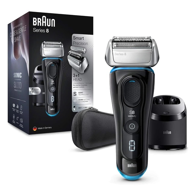 Rasoir électrique Braun Series 8 8385CC - Nouvelle génération - Barbe homme - Station CleanCharge - Étui en tissu noir - Idée cadeau homme
