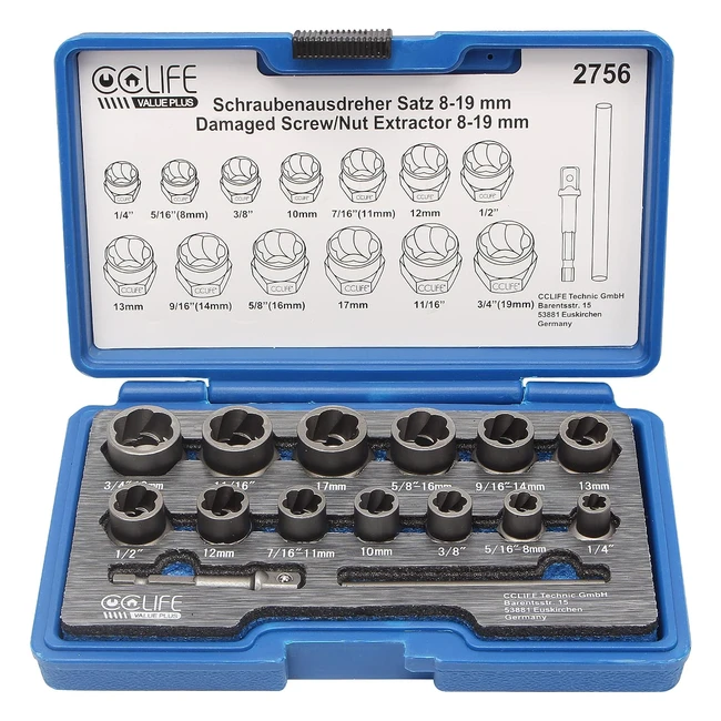 Extractor de tuercas y tornillos CCLife - Juego de 15 piezas - Referencia 819mm