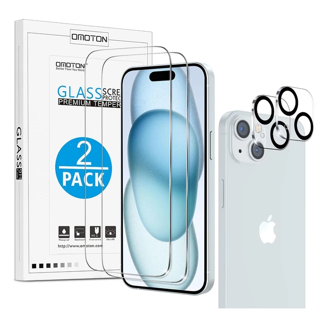 OMOTON Screen Protector for iPhone 15 - Premium Tempered Glass Film with Camera Lens Protector, Anti-Scratch, 9H Hardness, HD Clear (22 Pack)