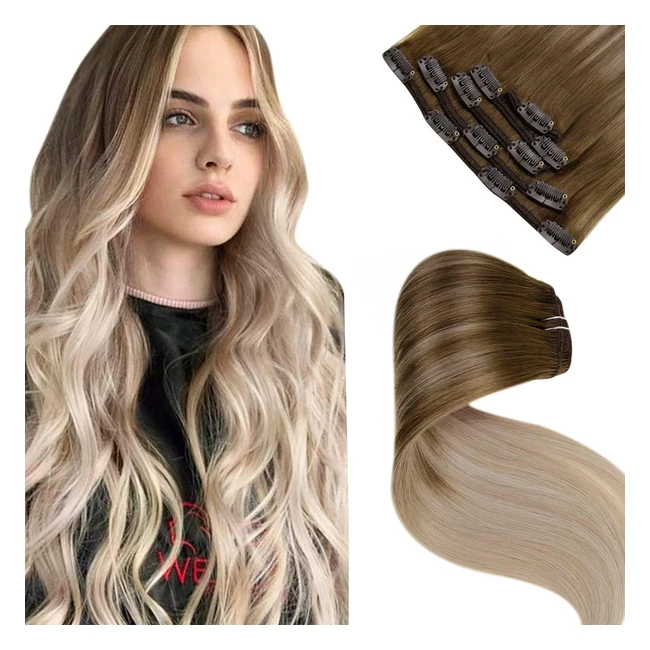 Extension Capelli Veri Clip Balayage Marrone Chiaro a Biondo Cenere e Bionda Platino 70g 5pcs 40cm Remy 81860