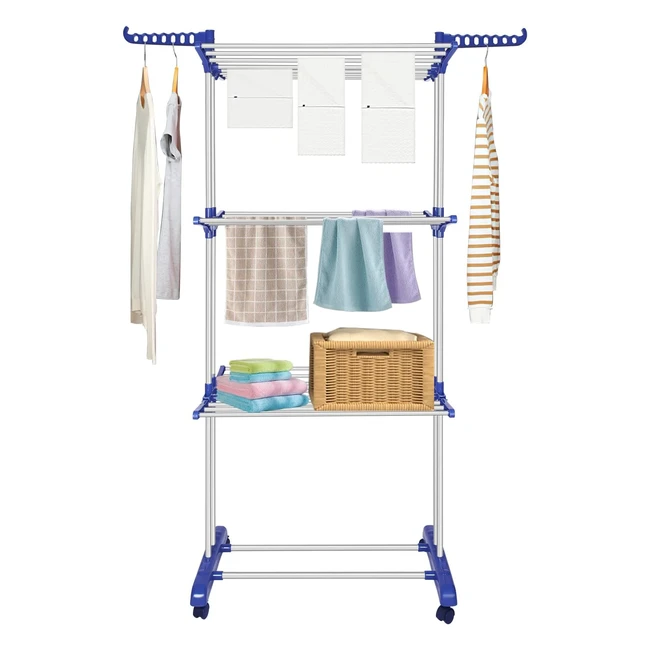 Stendibiancheria a rotelle multifunzione Innotic, 4 piani pieghevole, salvaspazio, biancoblu